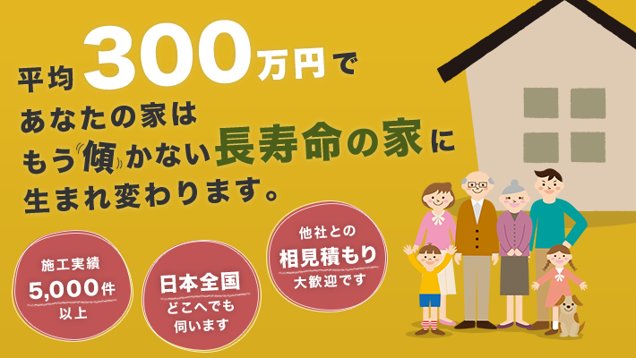 平均300万円で、あなたの家はもう傾かない長寿命の家に生まれ変わります